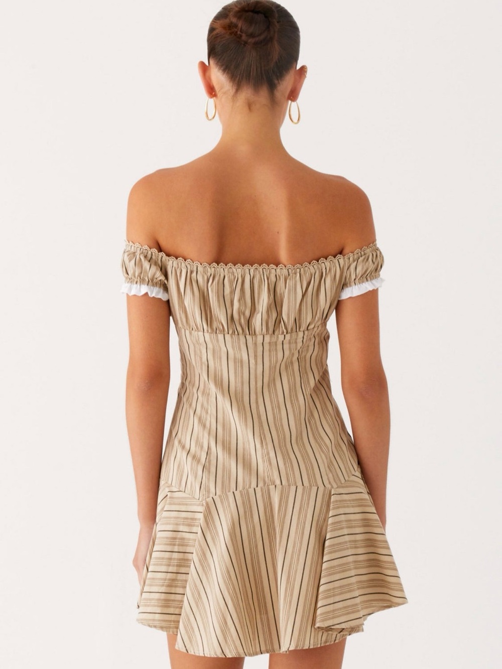 NWT Peppermayo Beige Striped Off-Shoulder Mini Dress Size 6 - Picture 3 of 5